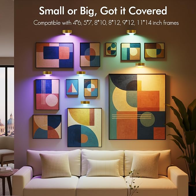 Picture Lights for Wall, Rechargeable Battery Wireless Poster Lights, Gold | LED Magnetic Painting Light with Remote Dimmable, Timer＆13 RGB Colors, Wall Decor Puck Light for Frame Art Display, 3 Pack - Image 7