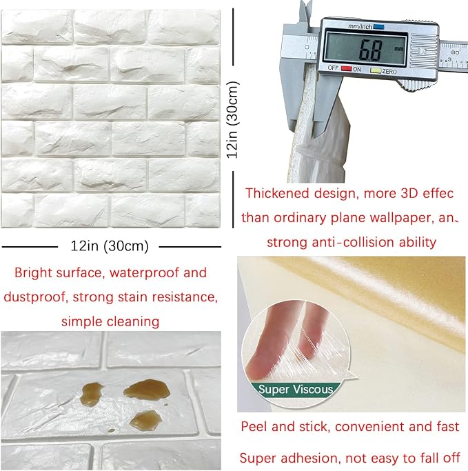 3D Wall Panels Peel and Stick 11PCS White Foam Brick Wallpaper for Bedroom Faux Stone Wall Panel Self-Adhesive Wallpaper (11PCS-10.65 Sq Ft, White) - Image 5