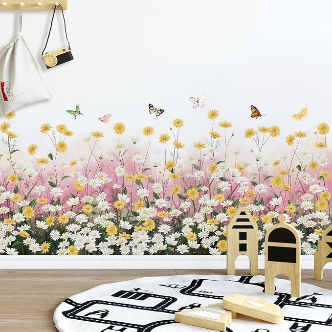 2 Sheets Yellow Daisies Flowers Wall Decals Small Fresh White Chrysanthemum Wall Stickers Pink Gypsophila Wall Art Murals for Baby Kids Girls Bedroom Living Room Corners Skirting Lines Waist Lines - Image 5