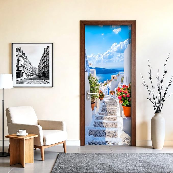 Greek Island Door Mural, Santorini Stairway Ocean Door Cover | Waterproof PVC, 30.3" W x 78.7" L; Greek island stair scene for bedroom, entryway, office or closet doors. - Image 6