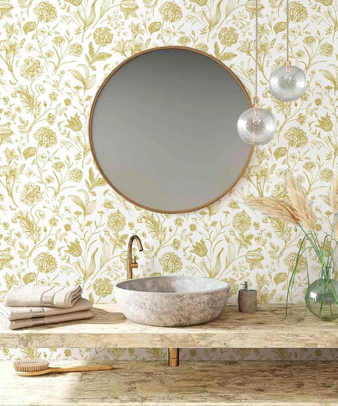 Floral Peel and Stick Wallpaper Gold Contact Paper 17in x 118in | Botanical Wallpaper Vintage Contact Paper Black Flower Removable Wall Paper for Bathroom Bedroom Boho Self Adhesive Vinyl - Image 4