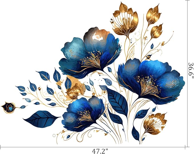 Blue Gold Floral Wall Decals, Flower Removable Wall Stickers Decor | Large luxurious peel and stick wall stickers, vinyl home decor art for nursery bedroom living room classroom office - Image 2