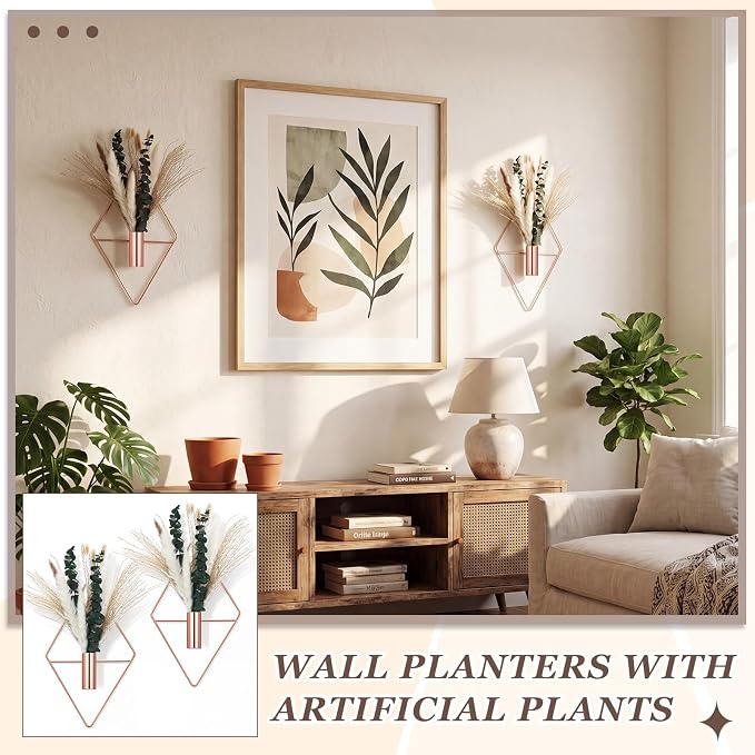 Canlierr 4 Pcs Rose Gold Wall Decor Hanging Planters with Artificial Plants Eucalyptus Pampas Grass Metal Hanging Vase Indoor Plants Holder Modern Boho Wall Art for Bathroom Bedroom Living Room Decor - Image 7
