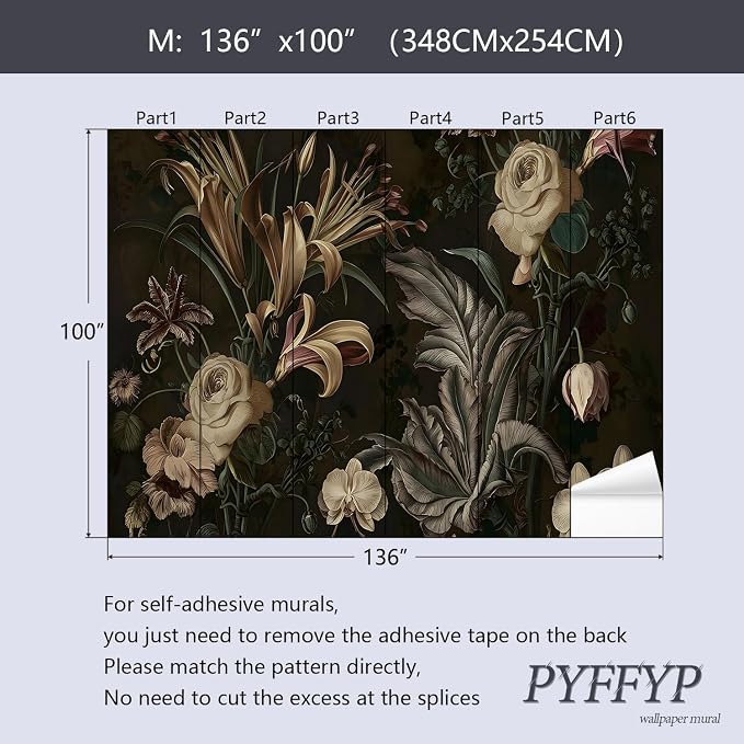 PYFFYP-Dark Flower Peel and Stick Wallpaper Vintage Plant wall murals - Image 5
