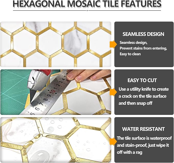 STICKGOO Hexagon Peel and Stick Backsplash Tile, Stick on Backsplash for Kitchen and Bathroom, White Marble Look PVC Mixed Metal Gold Self Adhesive Metal Mosaic Tiles(6 Sheets, Seamless) - Image 4