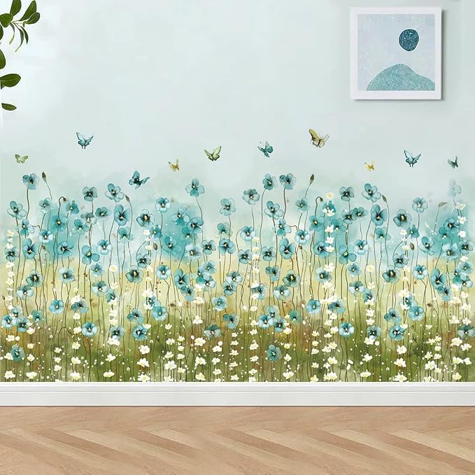 LiveGallery Blue Flowers Wall Decals White Daisy Wall Stickers DIY Peel and Stick Butterfly Plants Wall Sticker for Baby Kids Girls Bedroom Nursery Living Room Office Corners Skirting Lines by LiveGallery