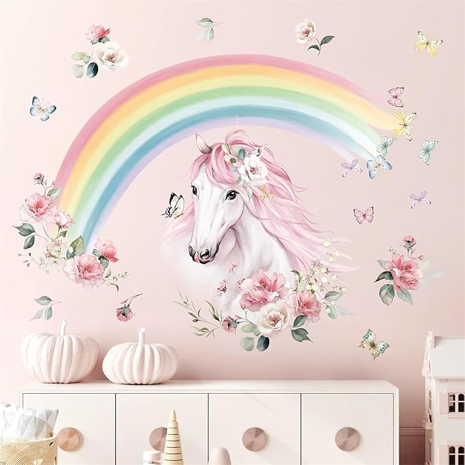 wondever Large Rainbow Wall Decals Horse Flower Wall Stickers | Peel and Stick, Removable, Wall Art Decals, Wall Decoration, Kids Room, Girls Bedroom Baby Nursery Playroom Decor by wondever