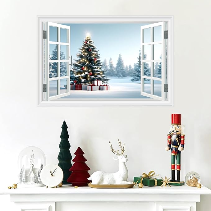 Fake Window Wall Decal - Christmas Tree Gift Winter Wall Art Poster Mural | ｜Faux Window Snow Snowfield Landscape Mural ｜ Stick and Peel Wall Decals｜for Xmas Room Office Decor｜48"x32",Set of 2 Sheets - Image 9