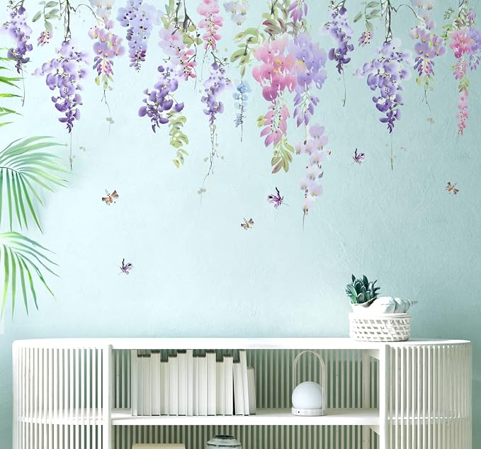 Purple Flowers Wall Decals Peel and Stick, Large Hanging Floral Vinyl Wall Stickers, Removable Vine Home Decor Art for Bedroom Living Room Classroom Office - Image 8