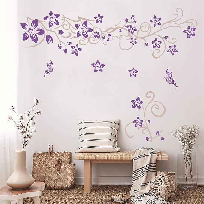 Supzone Flowers Vine Wall Decals - Purple Flowers Stickers With Butterflies, Removable Vinyl DIY Home Art for Bedroom, Living Room, Sofa Backdrop, TV Decoration - Image 2
