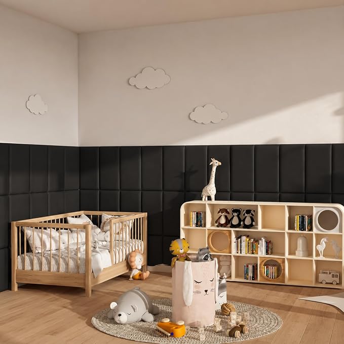 Anti Collision Wall Padding for Kids, Upholstered 3D Wall Panels | 12 Packs 7.8'' x 15.7'' Peel and Stick Headboard, Self Adhesive Wall Pads for Kids, Bedroom, Living Room, Black - Image 4
