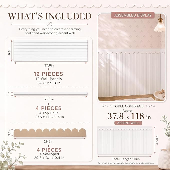 Nuanchu 1 Sets 37.8" x 118" Scalloped Wainscoting Wall Panel Kit Decor | 12 Board and Batten Paintable Accent Wall Panel, Pre Cut Beadboard with 4 Top Rail 4 Decorative Scallop Trim, Nursery Bedroom - Image 2