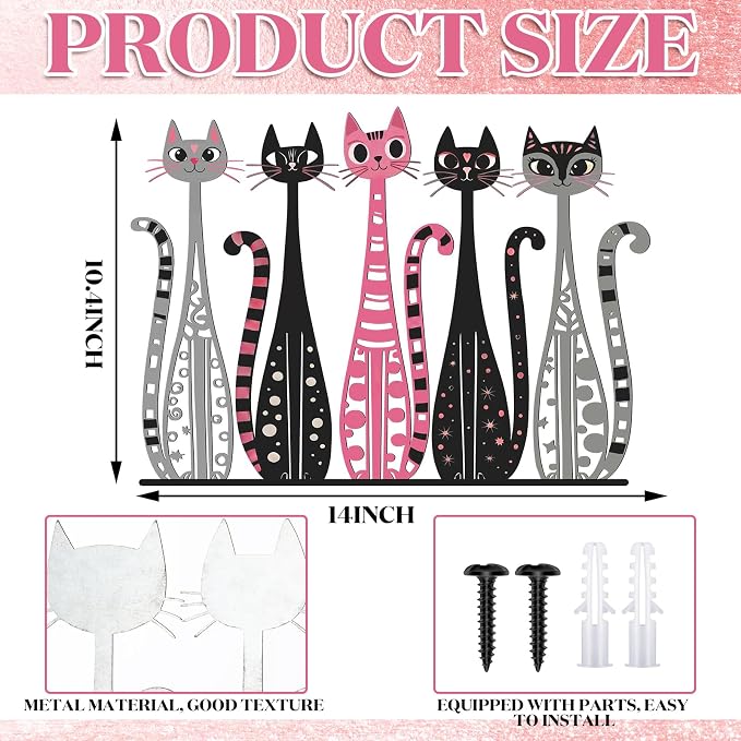 Wesiti Cat Wall Art Decor Metal Sculpture, 5 Retro Cats 10.4x14 Home Decor | Mid Century Geometric Design, Iron Sculptures for Cat Lovers, Living Room Bedroom Kitchen Office Accent Decor Piece - Image 2