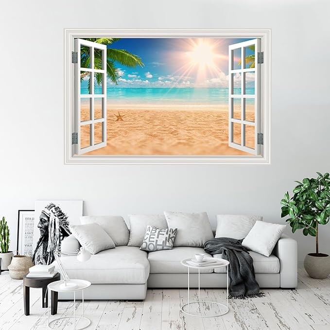 Fake Window Wall Decal- Summer Beach Ocean Palm Tree Open Wall Art Sticker | Faux Window Natural Scenery Landscape Mural ｜ Stick and Peel Wall Decals｜for Room Bedroom Office Scene Picture Decor｜24"x16" - Image 5