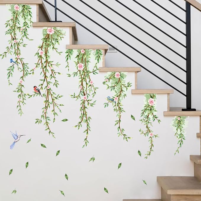 Hanging Vine Wall Decals with Birds Green Leaves Flowers | Removable, Peel and Stick, Forest Wall Art, For Bedroom Living Room Nursery Bathroom Kitchen - Image 4