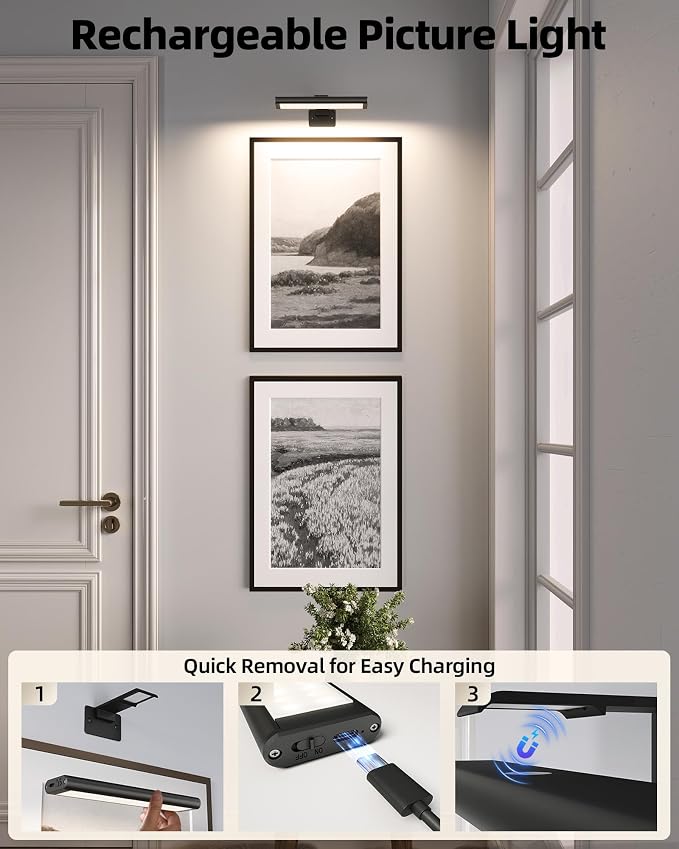 EZVALO Picture Light for Wall, Rechargeable 2400mAh Lights Wireless with IR Remote, 3 Color & Dimmable Magnetic 7.8'' LED Lights Display for Painting, Living Room, Gallery, Bedroom(Black-3P) - Image 7
