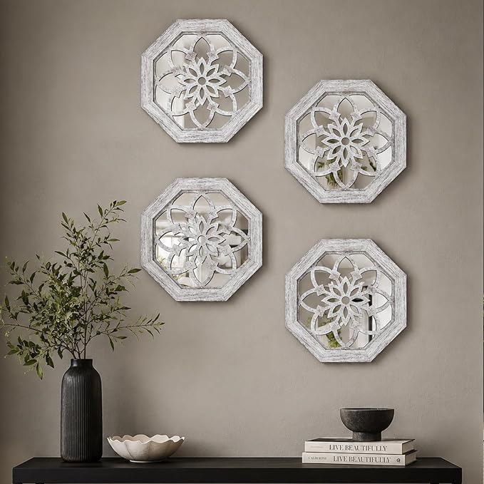4 Pack 12 Inch Octagon Grey Rustic Wood Frame Acrylic Wall Mirrors, Farmhouse Boho Wall Art Decor for Living Room, Bedroom, Hallway, Entryway, Bathroom & Office - Image 7