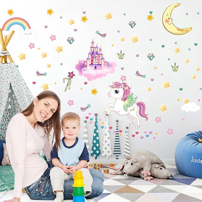 Glow in The Dark Stars and Unicorn Wall Decals, Glowing Castle Moon and Rainbow Stickers, 174 pcs Luminous Ceiling Decor for Kids Bedroom, Great Wall Decor for Girls and Boys Gift - Image 4