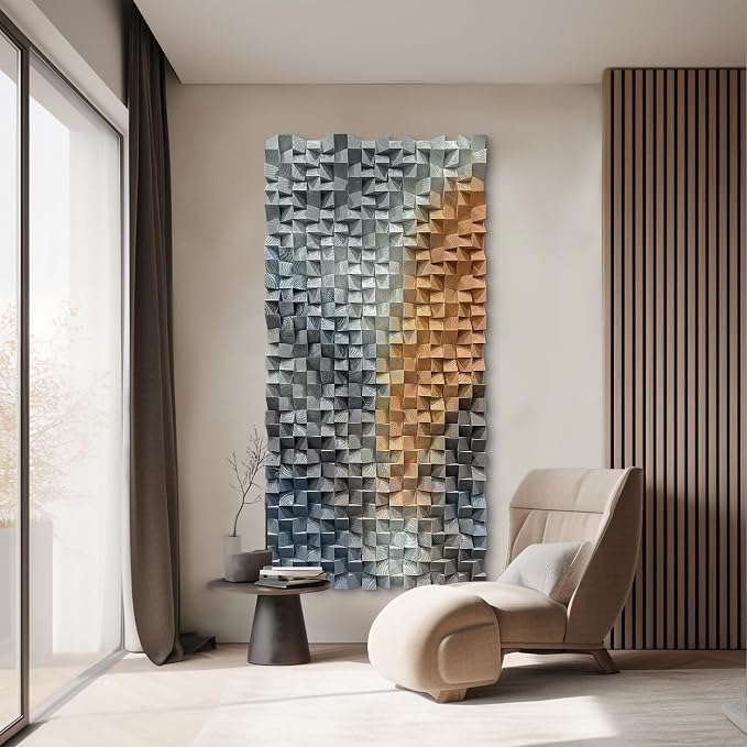 LIUZEYUE - Large 3D Wood Mosaic Wall Art, Hand-Painted Abstract Wood Block Sculpture in Slate Gray & Amber Gold, Modern Professional Decor for Executive Office and Hotel Lobby 39.4"x78.7" - Image 8
