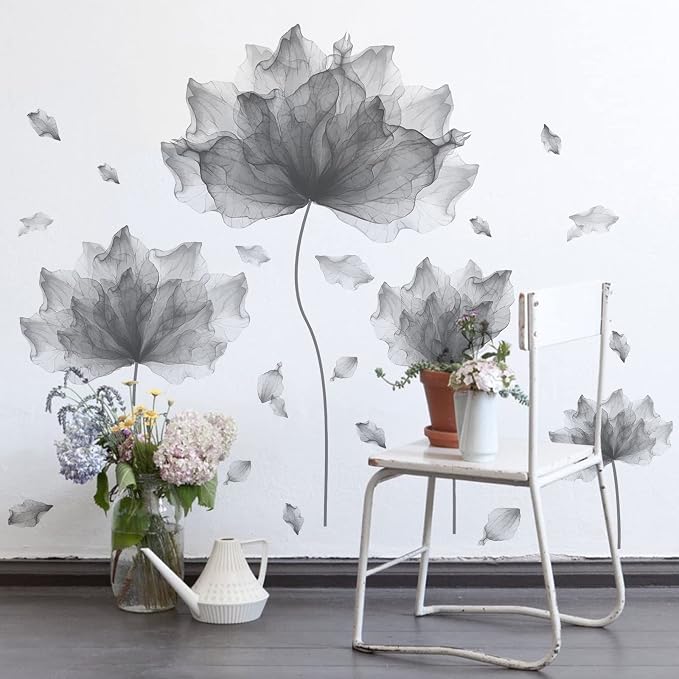 59.1'' x 49.6'' Flower Petal Wall Decal Floral Wall Sticker (Gray) | Removable waterproof peel and stick wall art for nursery, baby room, classroom, living room, bedroom, office and bathroom - Image 2
