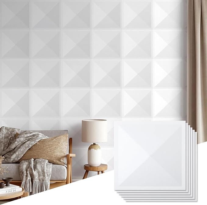 12 Pack 3D Wall Panels for Interior Wall Decor, Accent Felt Wall Panels for Office Living Room Bedroom Hotel Lobby, 12''x12'' PVC Pyramid Wallpapers Cover 12.Sq.Ft（White） by Unknown