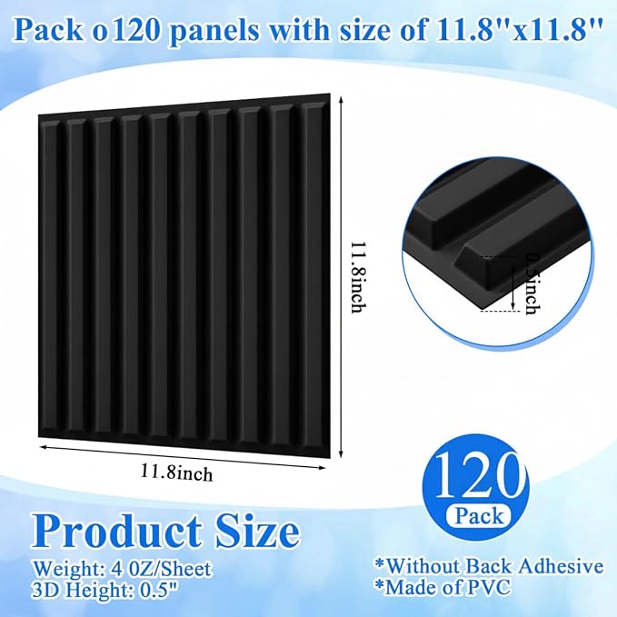 Nuanchu 120 Pcs 3D Wall Panels, 12"x12" PVC Fluted Tiles, Black | Waterproof Accent Panels, Paintable Wall Tiles, for TV Background, Bedroom, Bathroom, Gaming Room, Cuttable Home DIY Decor - Image 2