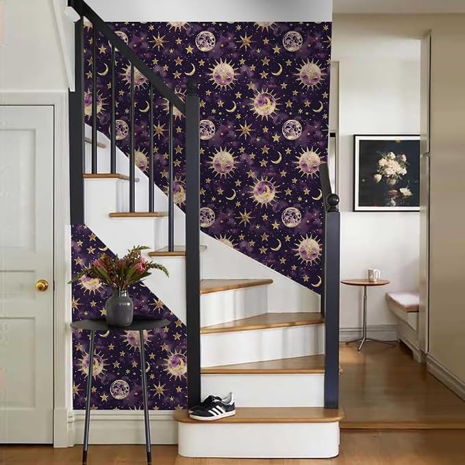 18"x236" Purple Gold Celestial Glittery Sun Star Peel and Stick Self Adhesive Wallpaper Removable Contact Paper Stick on Easy Peel Off Wall Paper for Kitchen Bedroom Bathroom Renter - Image 6