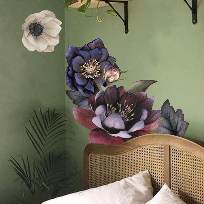 Fabric Peel and Stick Floral Wall Decal, Self-Adhesive Peony Flowers Wallpaper, Rose Sticker for Living Room Bedroom Wall Decor, Eden Garden B-3 PCs by Flortlias