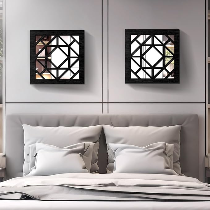2 PCS Square Wall Mirror,Rustic Farmhouse Wall Mirrors,12 inch Small Mirror Art (style1 Black) - Image 4