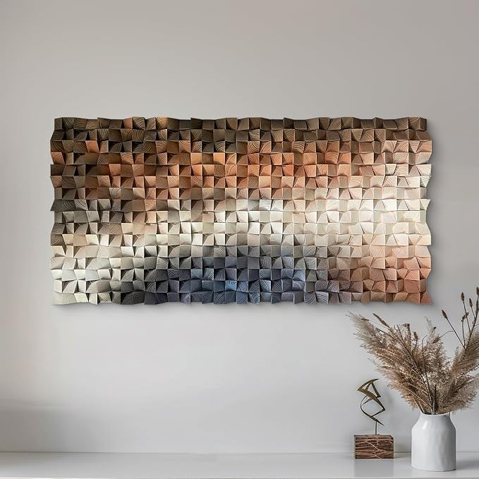 LIUZEYUE Blue Wooden Wall Art, Cross-Flow Cube Mosaic, Mosaic Relief | pine mosaic wall art; navy and copper, substantial wall coverage; boutique hotel hallway column wall; 23.6 x 47.2 in - Image 7