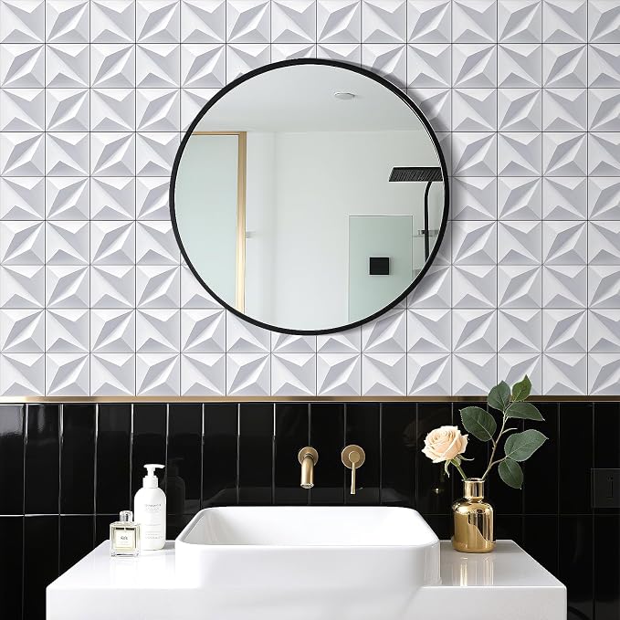 YENHOME Faux 3D Embossed Geometric Peel and Stick Wallpaper 17.5"X118" White Textured Self-Adhesive Wall Panels Waterproof Removable Vinyl Mural for Bathroom Backsplash Accent Walls Home Decor by Yenhome