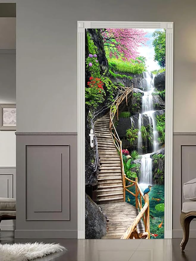 artfanke 3D Trestle Bridge Waterfall Door Sticker Peel and Stick 33.5"x84.6"- Self-Adhesive Door Murals Wallpaper - Waterproof Wall Decal for Bedroom Decor (2 Sheets/Set) - Image 2
