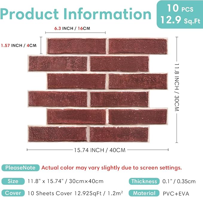 Commomy 3D Faux Brick Peel and Stick - 10pcs 15.74" x 11.8" Red | Ultralight Thin PVC 3D Wall Panels Fake Brick Paneling for Home Office,Bedroom,Quick DIY Home Decor(12.92 sq.ft) - Image 5