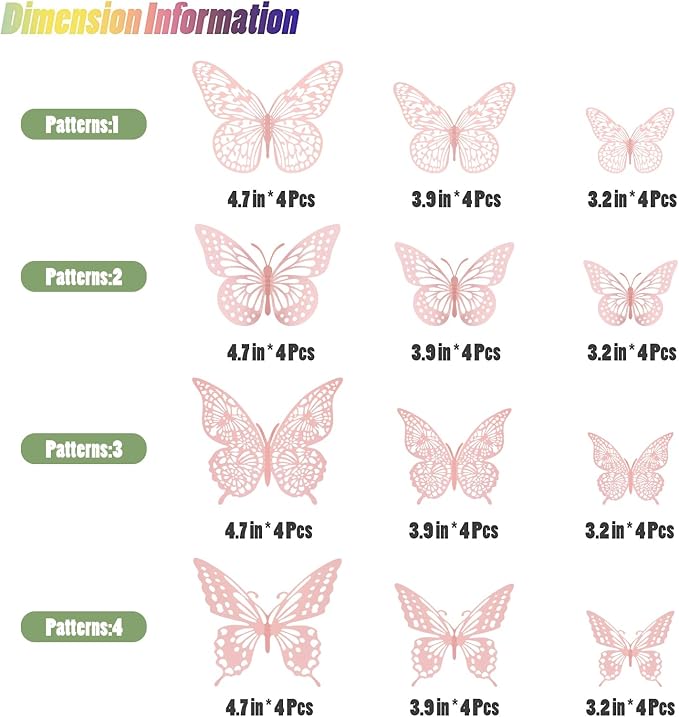 SAOROPEB 3D Butterfly Wall Decor 48 Pcs Pink Butterfly Decorations | 4 Styles 3 Sizes, Birthday Decorations Pink Room Decor Butterfly Party Decorations Cake Decorations, Removable Wall Stickers - Image 5