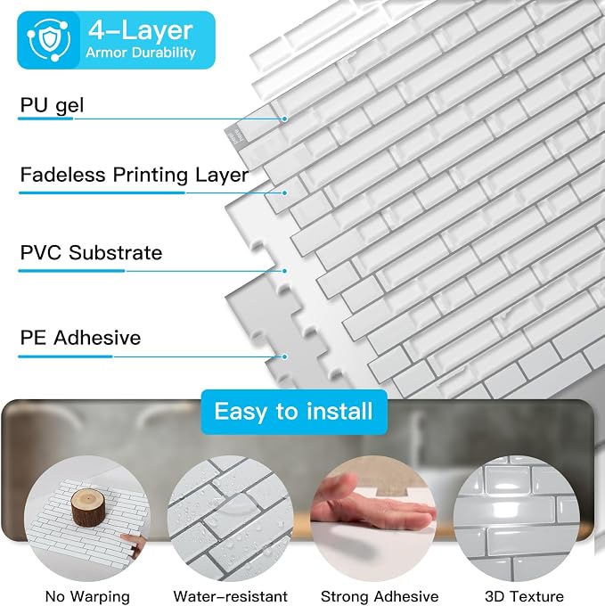 Art3d Linear Tile Peel and Stick Backsplash, 10-Pack, White with Gray Grout | 12 x 12 Inch, Enhanced Thickness, Warp Resistant, Strong Adhesion, Sturdy, for Kitchen, Bedroom, Ideal for Home Improvement - Image 7