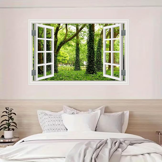 ‌Lmyhome Fake Window Wall Mural Green Grass Forest (64"x48") | Peel and Stick Faux Window Wall Sticker Decal Poster for Bedroom Home Decor - Image 2