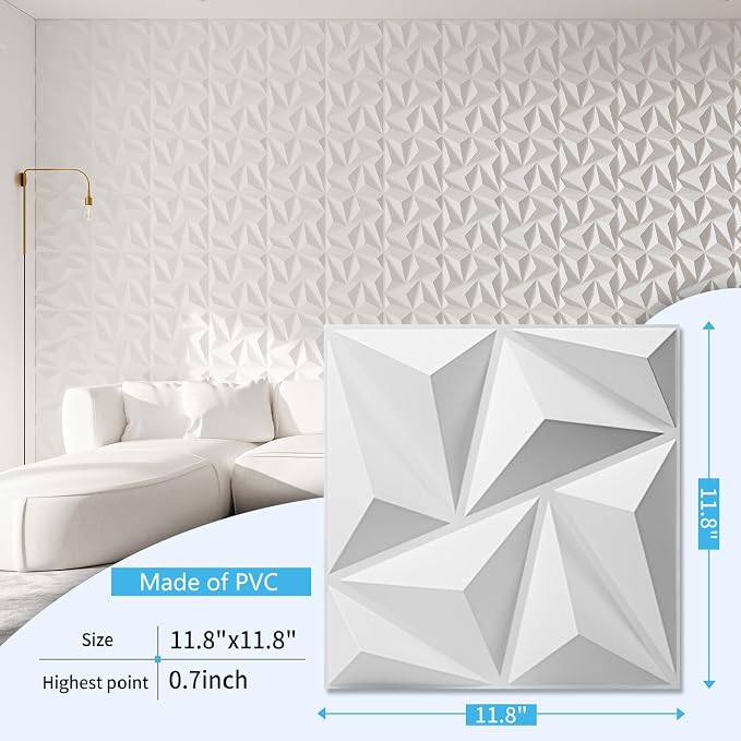 Art3d 3D Wall Panels 20 Pack, 11.8" x 11.8" (19 Sq.ft) PVC Wall Panels, Glue Up Wall Decor for Living Room, Bedroom, Office, White - Image 2