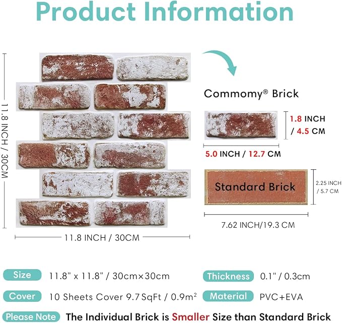 Commomy Faux Brick Panels Peel and Stick Wall Stickers 10 Pcs 11.8" x 11.8" | Small Size Thin PVC Red Fake 3D Brick Wallpaper for Kitchen,Fireplace,Home Office,Wall Covering Decor(Covers 9.7 sq.ft) - Image 4