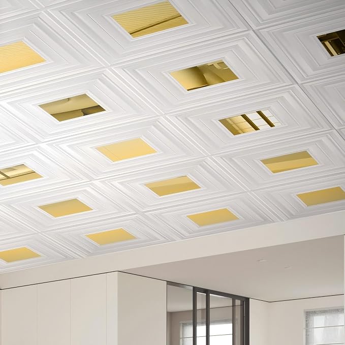 Chejiaye 12 Pack PVC Ceiling Tiles 19.7"x19.7" – Golden Mirror & White 3D Wall Panels for Wall and Ceiling Decoration,Cover 32.3 Sq.Ft – Waterproof,Lightweigh - Image 3