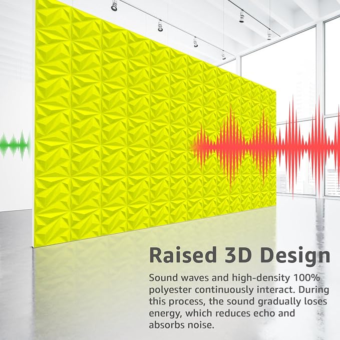 Art3dwallpanels Acoustic Panels, Fluorescent Green, 20 Pack, 12" X 12" | Soundproof Wall Panels, Sound Dampening, 3D Wall Panels, Sound Absorbing, Without Tape, Flame Retardant Formaldehyde Free - Image 6