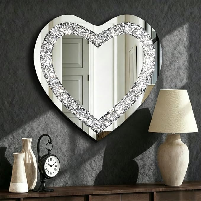 DMDFIRST Crystal Crush Diamond Heart Shaped Silver Mirror for Wall Decoration 24x24x1 inch Wall Hang Frameless Mirror Acrylic Diamond Décor. by DMDFIRST