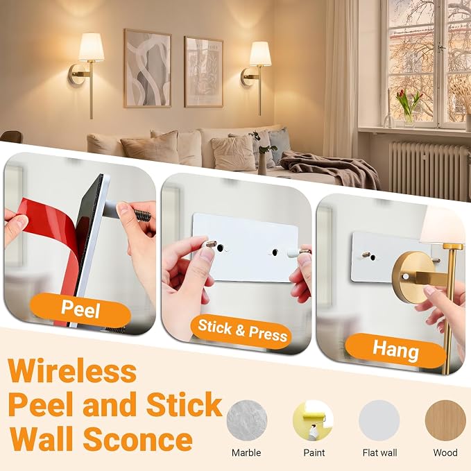 Nekhung Battery Operated Wall Sconce, Peel and Stick Sconces Set of 2 | Wireless Adhesive Stick On Wall Sconce, 10000mAh Rechargeable RGB Bulb with Remote, No Drill Wall Light for Bedroom Decor - Image 3