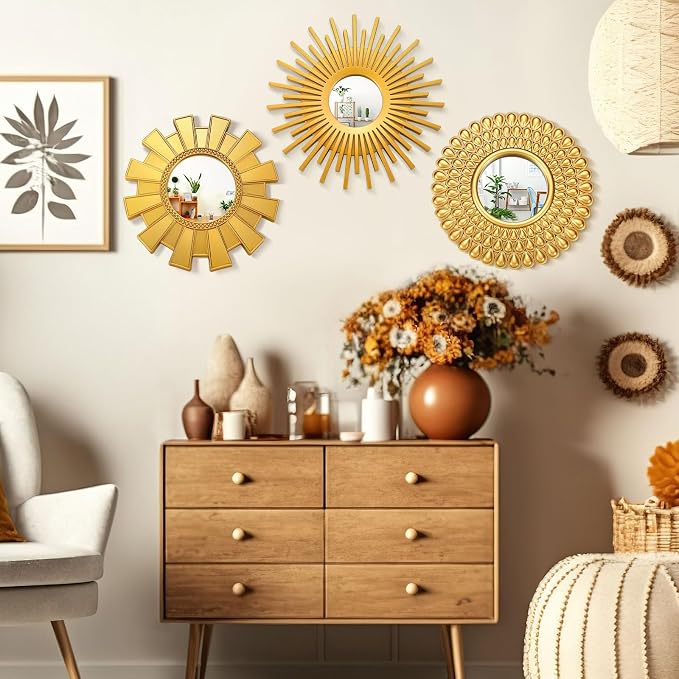 Fourluoo 3 Pack Gold Sunburst Wall Mirrors Decor, Sun Mirror Wall Decor - Image 4