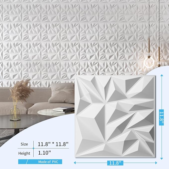 Art3d 33-Pack Modern Diamond Textured 3D Wall Panels, 12 x 12 in, White | Light PVC, Waterproof, Scratch Proof, Decorative Wall, Ideal for Home, Office & Commercial Spaces - Image 4