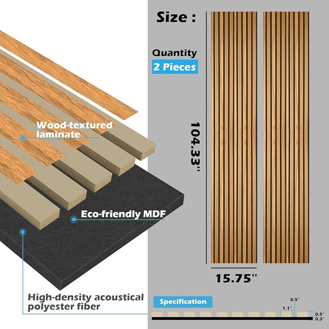 Art3d 2pcs-104 x 15.75in Slat Acoustic Panel for Wall and Ceiling, 3D Fluted Sound Absorbing Panel with Wood Finish, Teak - Image 6