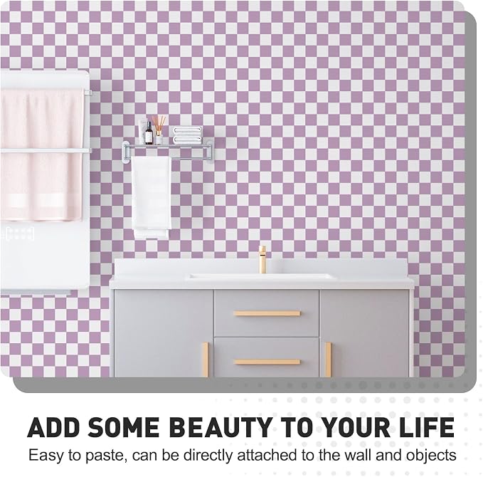 Purple and White Contact Paper Mosaic Checkered Peel and Stick Wallpaper 17.3"x120" Self Adhesive Waterproof Vinyl Roll for Bathroom Kitchen Backsplash Cabinets Shelf Liners Drawers - Image 8