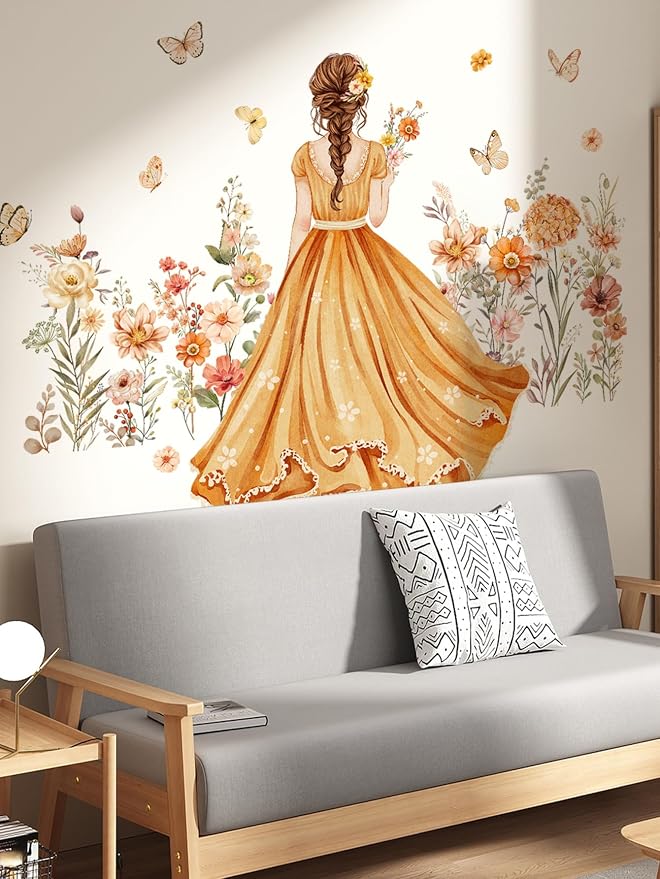 Butterfly Girl Wall Stickers - Orange Flower Fairy Garden Wall Decal Peel& Stick Removable Waterproof Vinyl Wall Decoration for Girl Bedroom Living Room,80 cm x 150 cm - Image 4