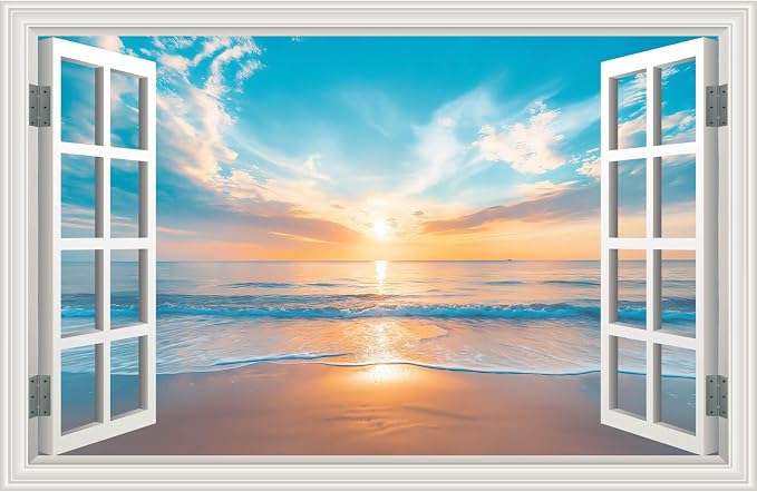 Large Murals 66"x48" Fake Window Wall Mural Ocean Beach Seascape Faux Window Wall Cling Art Picture Office Poster Coastal Decals Decor, Stick and Peel Landscape Natural Scenery Sunset Coastal Scene by Clickhere