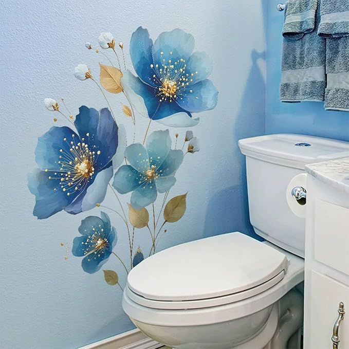 TUOKING Blue Flowers Wall Stickers Decor,Removable Wall Murals | Peel and Stick Gold Leaves PVC Wall Art Decal Home Decor for Kitchen,Bedroom,Living Room - Image 6