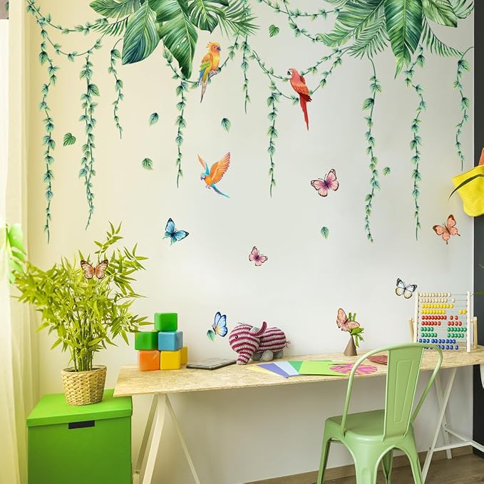 Jungle Wall Decals Peel and Stick, Large Tropical Palm Leaves & Parrot Wall Stickers, Removable Watercolor Forest Mural for Living Room, Bedroom, Nursery (Green-a) - Image 5